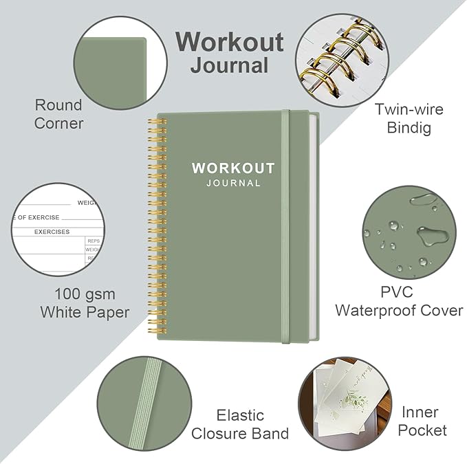 Fitness Journal for Women & Men,A5 Workout Journal/Planner Daily Exercise Log Book to Weight Loss, Gym, Muscle Gain, Bodybuilding Progress, 5.8"x8.3", Green