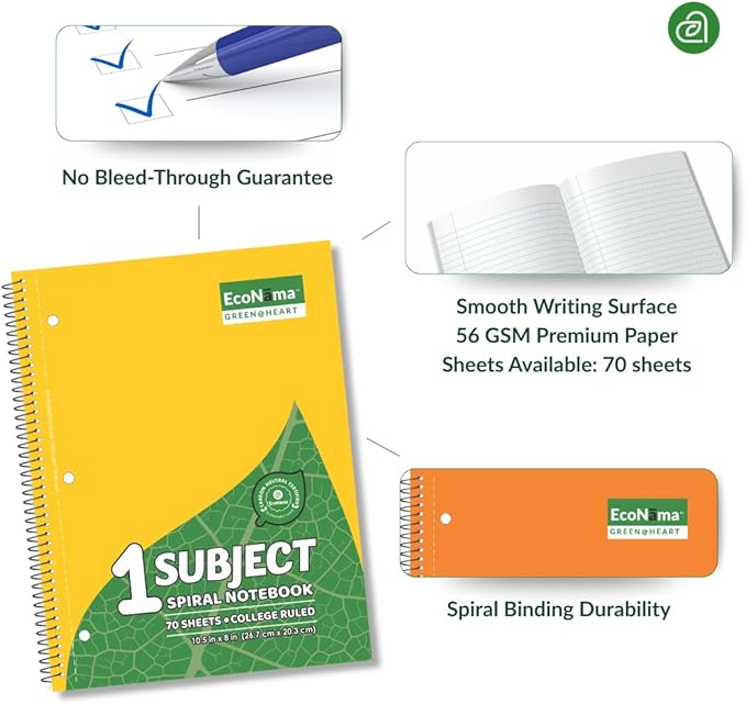 ECONAMA Subject Book Spiral Notebook Pack of 6 Wide Ruled 140 Pages (70 Sheets) 8" × 10.5" Perforated Carbon Neutral 3-Hole Punched Eco-Friendly School & Office Supply Assorted Colors