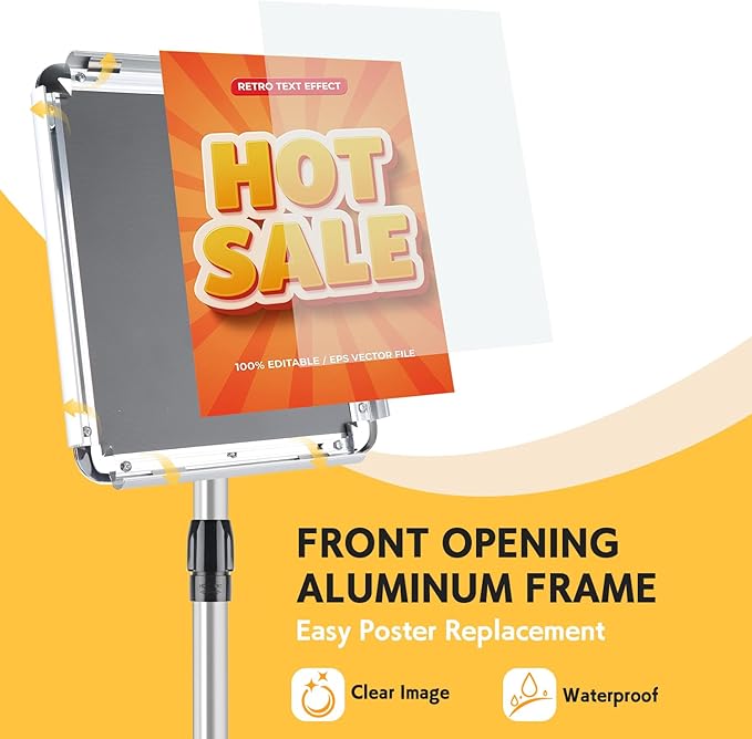 RedChili 2 Pack Sign Holder Stand 8.5x11 Inch, Adjustable Floor Standing Sign Holder Signage Stand with Aluminum Snap-Open Frame Vertical Horizontal View Display For Malls Schools Restaurants (Silver, Round Corner)