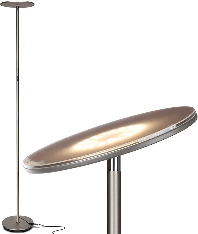 Brightech Sky LED Floor lamp, Torchiere Super Bright Floor Lamp for Living Room Decor & Office - Dimmable, Tall Standing Lamp with Warm Light for Bedroom & Reading - Brushed Nickel