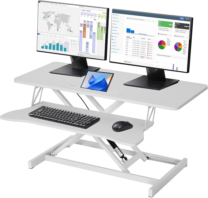 37 Inch Standing Desk Converter - Manual Pneumatic Spring, Two Monitor Stable Standing Desk Converter, 5.9" to 18.8" Height Adjustable Laptop Workstation with Keyboard Tray for Home, Company(White)