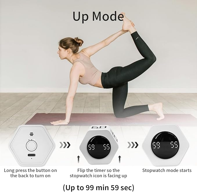 Productivity Timer Flip Gravity Sensor Cube Timer Countdown & Countup,Mute & Vibrate & Sound，5/10/30/60min & Custom Timing, Perfect for ADHD,Work,Learning,Kitchen Cooking (2, White Hexagon)