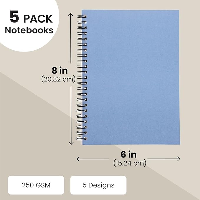 5 Pack 6x8 inch Spiral Journals, Small Notebooks Bulk with 120 Lined Pages for Work, Students, School, Writing (5 Colors Kraft Paper Covers)