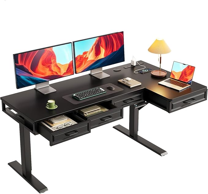 OffiGo L Shaped Electric Standing Desk with Wooden Drawers, 55 Inch Height Adjustable Corner Workstation with Power Outlets, Sit Stand Table for Home, Office, Black