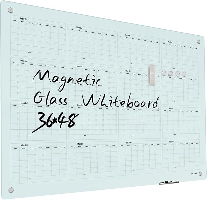 Magnetic Glass Yearly Calendar Whiteboard - Glass Dry Erase Board 48"x36" Large Frameless Glass Board for Walls Office School and Home
