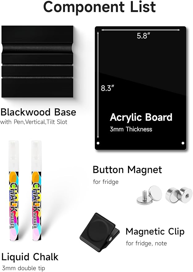 Kivsty Acrylic Black Dry Erase Board with Stand - 8” x 6” Small Desktop Whiteboard with Marker, Reusable Desk Blackboard, to-Do List, Planner, Memo Clipboard, Menu Board for Office, Home, Bar