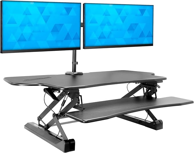 Mount-It! Standing Desk Converter Height Adjustable 47" Extra Large Wide Stand Up Desk Riser, Dual Monitor Arm Mounts, Stand Up Desk Convertor with Keyboard Tray, Fits Two Monitors up to 32"