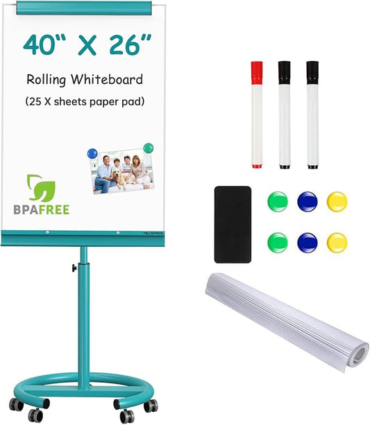 TSJ OFFICE Rolling Whiteboard Standing - 40 x 26 Inches Magnetic Mobile White Board with Stand, Height Adjustable Dry Erase Board on Wheels with Paper Clamp on Top, Blue