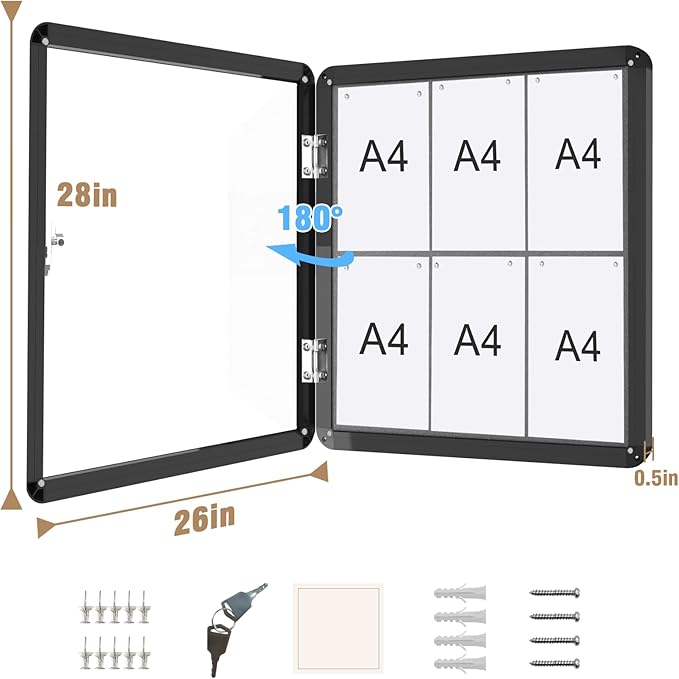 Mifuro 28"x26" Enclosed Bulletin Board, Lockable Weather-Resistant Aluminum Cork Noticeboard for School & Office, Black Frame w/Grey Flet