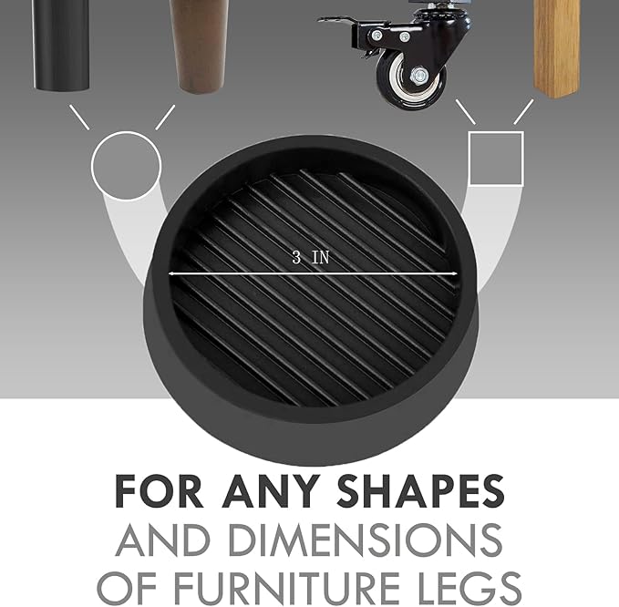VOCOMO 3X3 Round Rubber Caster Cups, Non Slip Furniture Pads, Anti-Slip Gripper, Anti Skid Furniture Feet, Anti Slide Floor Protector for Bed Couch Table Chair Stoppers - Black, 4 Pack