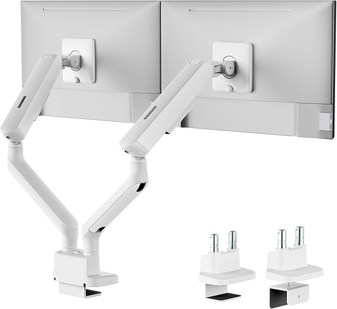 monTEK Dual Monitor Arm, Mechanical Spring Monitor Arm for 17-35" Screens, Adjustable Monitor Desk Mount Each Holds up to 24.2 lbs with C Clamp/Grommet Desk Mount, VESA 75/100mm, MA1011WH-D