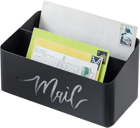MyGift 2 Slot Modern Matte Black Metal Desktop Mail Sorter with Cutout Script Lettering, Office Desk or Home Entryway Table Incoming Outgoing Letter Holder