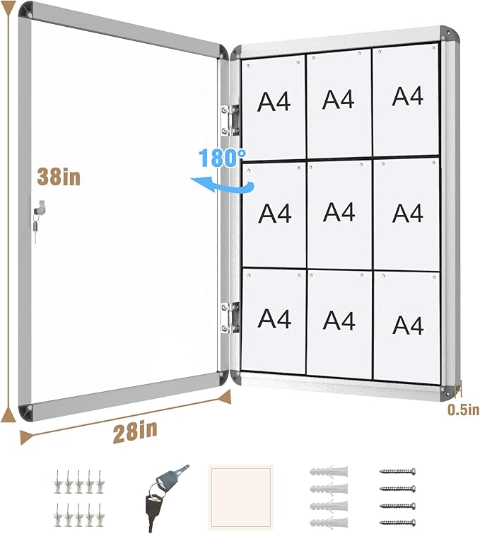 Mifuro 38"x28" Enclosed Bulletin Board, Lockable Weather-Resistant Aluminum Cork Noticeboard for School & Office, Silver Frame w/Black Flet
