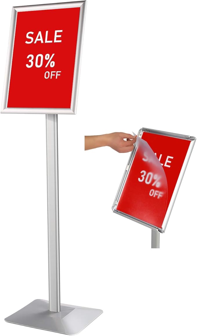 DISPLAYSWORKER Adjustable Heavy Duty Pedestal Sign holder floor Stand,sign stand poster stand Aluminum Snap Open Frame,Standing Floor for 11x 17 inch,Vertical/Horizontal View,SILVER