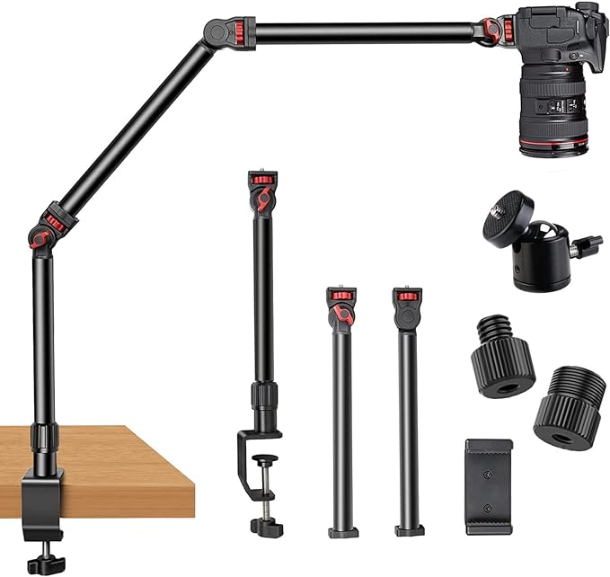 DImotliyor Overhead Camera Mount Desk Stand, 3-Section Flexible Detachable Articulating Arm with 1/4“ 3/8" 5/8" Screw&360° Ball Head, C-clamp Tabletop Mount for DSLR Camera/Webcam/Microphone/Lights