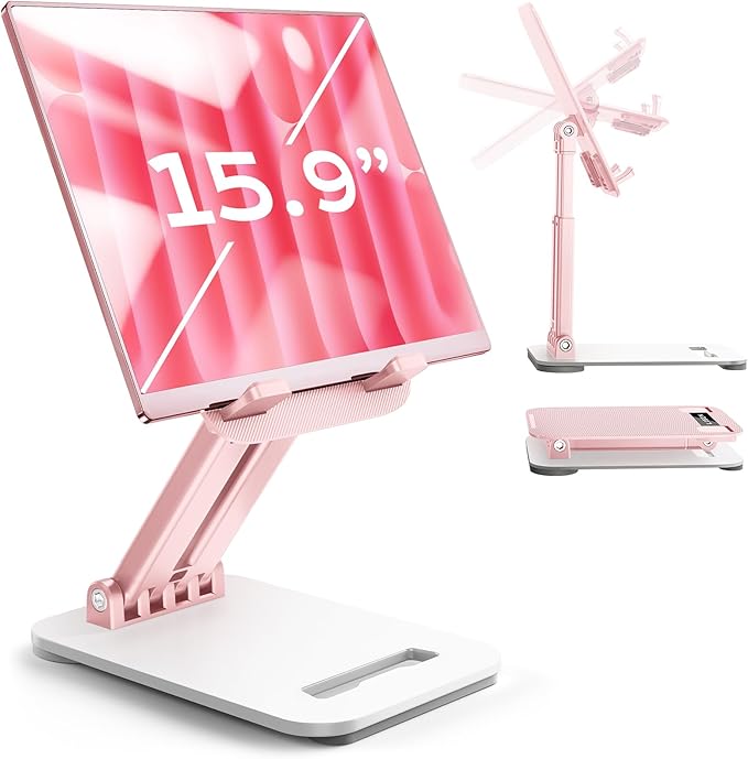 LISEN Pink Desk Accessories for iPad Office Supplies Desk Decor for Women, for Him Tablet Stand Vanity Accessories Video Zomming Face Time Free Hands for ipad Switch