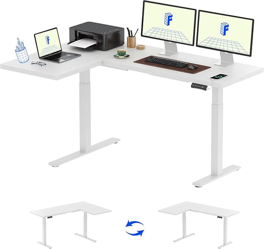 FLEXISPOT Corner Desk Dual Motor L Shaped Computer Electric Standing Sit Stand Up Desk Height Adjustable Home Office Table with Splice Board, 71x48 White