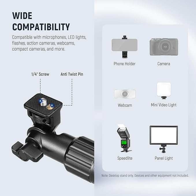 NEEWER Overhead Camera Mount Arm with Phone Clip, 22"/56cm 180°&360° 2 Section Flexible Holding Arm for Desk Stand, Fits 0.87"-1.1" Tube, 5.5lb/2.5kg Max Load for Camera LED Ring Light Mic, DS009