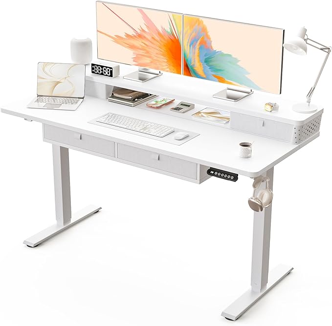 Kingant 55 x 24 Inch Electric Standing Desk with 4 Drawers, Height Adjustable Sit to Stand Computer Desk with Storage Shelf and C-Clamp Mount Compatibility for Home Office, White