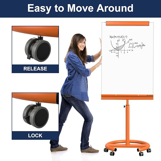 TSJ OFFICE Rolling Whiteboard Standing - 40 x 26 Inches Magnetic Mobile White Board with Stand, Height Adjustable Dry Erase Board on Wheels with Paper Clamp on Top, Orange