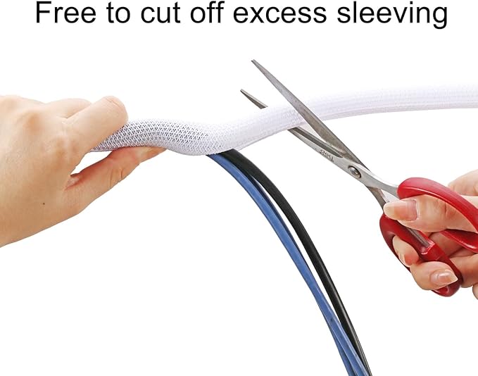 QCSIW 50ft 1 Inch White Cable Sleeve – Split Wire Loom Tubing Cord Protector – Flame Retardant Polyester Cable Management Wrap for Desk, TV, PC – Pet Chew Resistant & Easy to Cut