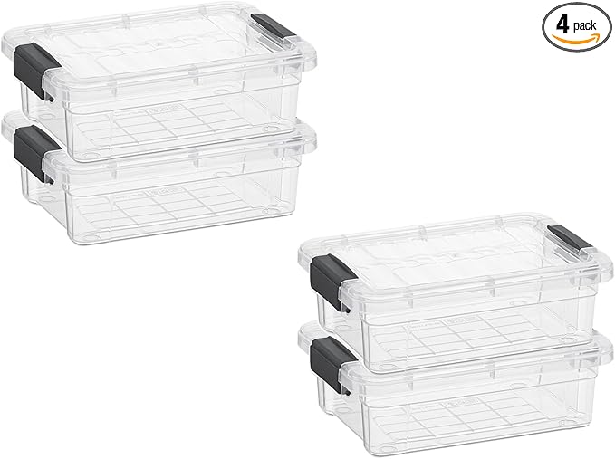 Superio Mini Storage Container Plastic Crayon Box Art Supplies and Sewing Case Stackable Clear Small Organizer for Beads, Stationery, Chalk, and Food, 0.7 Quart, 4 Pack