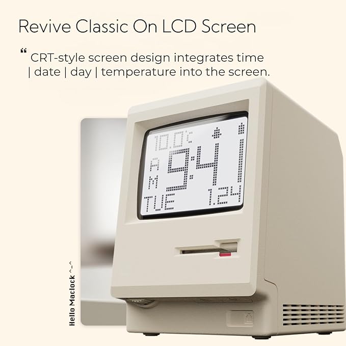 OIJ Maclock Retro Pixel Alarm Clock, 1984 Computer-Inspired USB Desk Clock with Pixel Display, Multiple Alarms, Adjustable Brightness, Calendar, Temperature