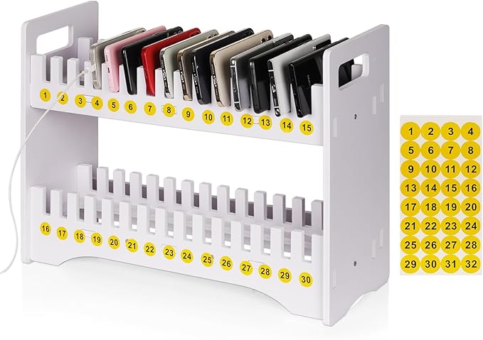 Ozzptuu Cell Phone Holder Classroom Cell Phone Storage 2-Tier Multiple Cell Phone Stand Rack with 1-30 Number Stickers PVC Board Mobile Phone Holder Desktop Organizer for Classroom Office (30 Slots)