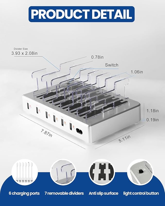 6-Port USB Charging Station with 6 Included Cables, Fast Charging Hub for iPhone Android Cell Phone, Tablet, Smartwatch - Multi Port Desktop Organizer (Silver)