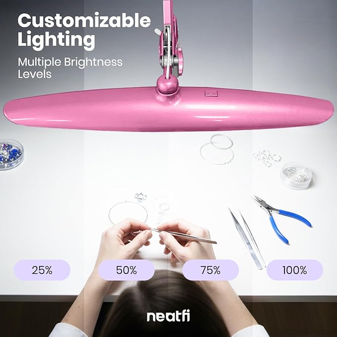 Neatfi XL 2,200 Lumens LED Desk Lamp with Clamp, 24 Watt Bright Architect Task Lamp, 20 Inches Dimmable Computer Light, Adjustable Desk Light for Home, Office, Crafts, Nails & Hobbies (Non-CCT, Pink)