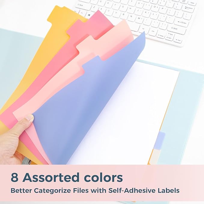 SUNEE 8 Tab Binder Dividers,Plastic Dividers for 3 Ring Binder,3 Ring Binder Dividers with Tabs for School Office Home Supplies,Pastel Color, 1 Set