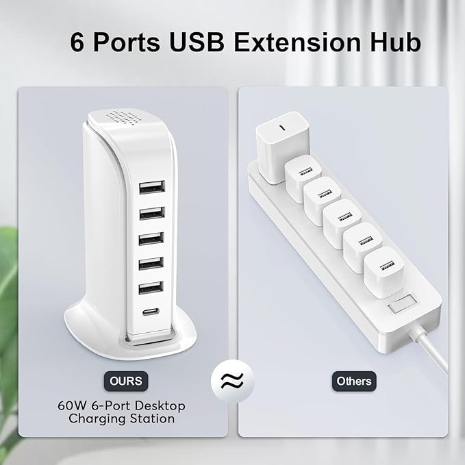 Charging Station for Multiple Devices Upoy, Multi USB Tower Hub with 5 USB+1 Type C Ports, USB C Charger Block Fast Charging for Apple/Samsung/Android Gadgets, Cute Home Office Desk Accessories