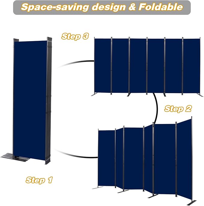 CHOSENM Room Divider, 6 Panel Folding Privacy Screens with Wider Support Feet, 6 Ft Portable Room Partition for Room Separator, 132" W X 71" H, Navy Blue