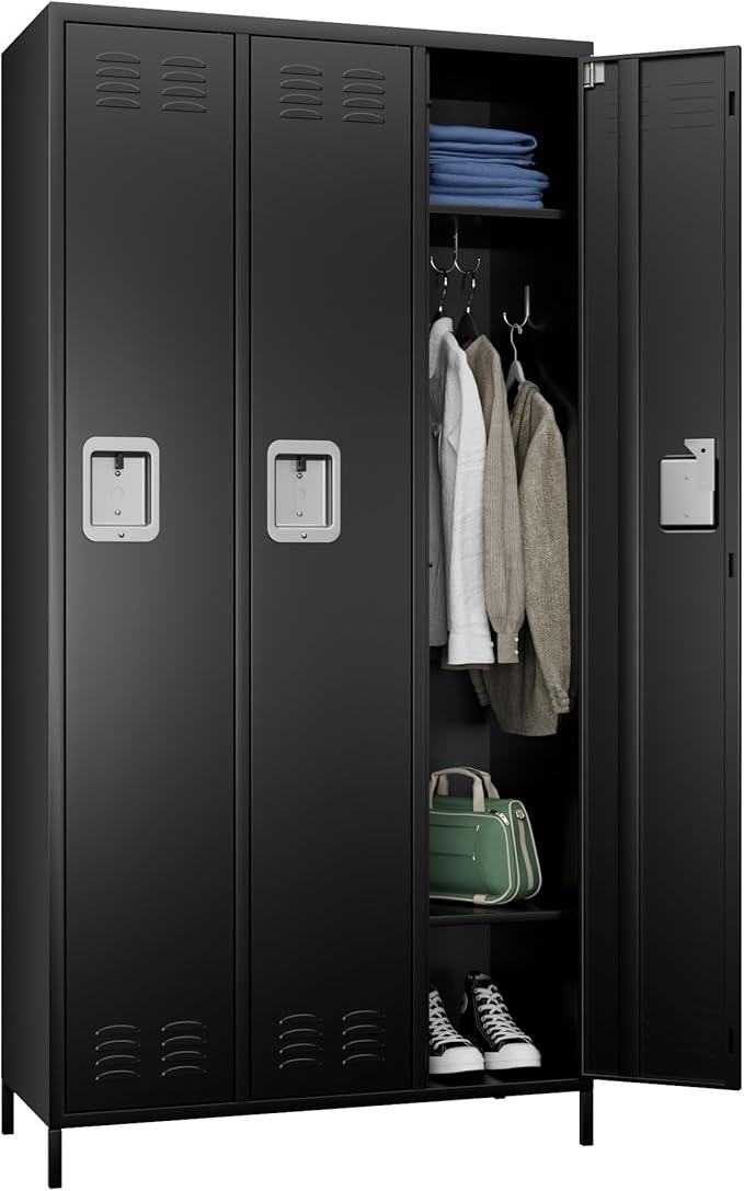 SUPEER 3 Doors Metal Lockers for Employees with Lock, Metal Locker with 9 Hooks for School Garage Office Gym Home,Assembly Required,Black