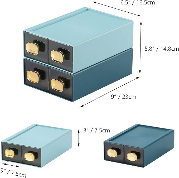 Spacious Desk Drawers, Stackable Desktop Organizer, Plastic Storage Box for Office, School & Home Supplies (4 Small Drawers, BU & CYAN)