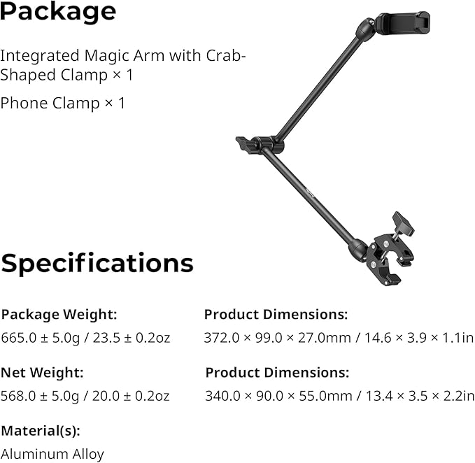SMALLRIG Desktop Magic Arm Support with Crab-Shaped Clamp Kit, Aluminum Alloy, 24.3x4.5x1.1 in, 0.6lb Payload, for Smartphones, Webcams, Action Cameras, 5624
