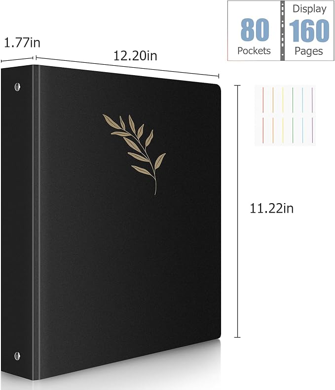 Uquelic 80-Pocket Binder with Plastic Sleeves for Letter/A4 Size(11" x 8.5"), Golden Leaf Printed Cover, Document Binder Organizer for Papers, Certificates and Artwork with Rainbow PP Divider Pages