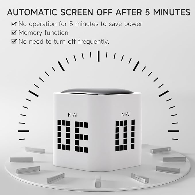 Rotating Productivity Timer 5, 10, 30, 60 Minutes Preset, Desk Cube w/Gravity Sensor for ADHD, Mute Functions, Ideal for Work, Study, Kitchen, Back to School (White)