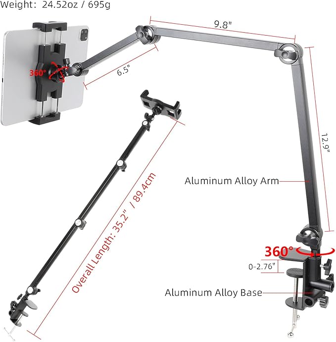 ZUZUXI Tablet Stand Holder for Desk and Bed, Adjustable Aluminum Foldable Arm iPad Mount Clamp on Table Compatible with iPad Air Mini, Galaxy Tabs, 4.7-12.9" Tablets and Phones