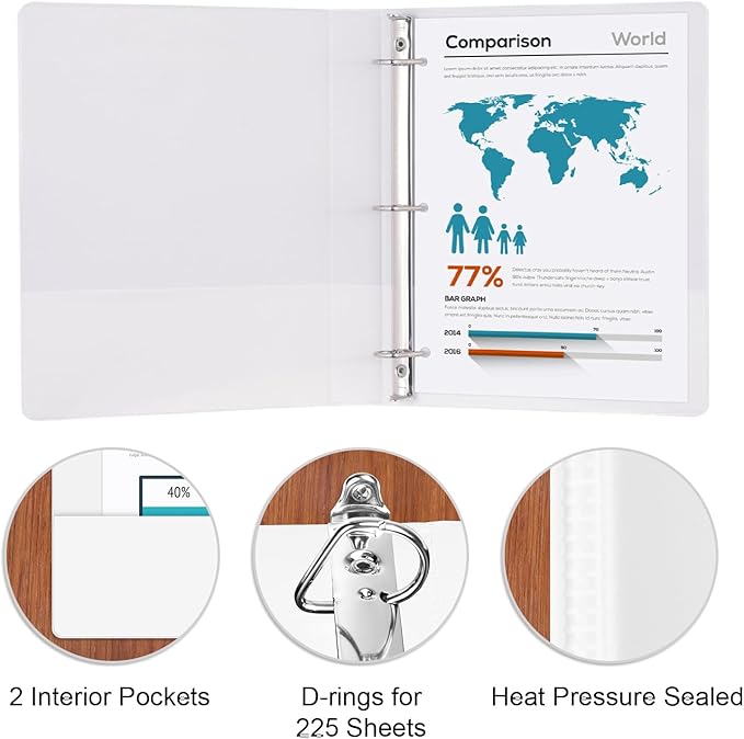 Comix D-Ring Basic View Binder 1 inch 3 Ring Binders, 2.4mm-Thick, Hold 225 Sheets of 8.5" x 11" Paper, 12 Pack (White)