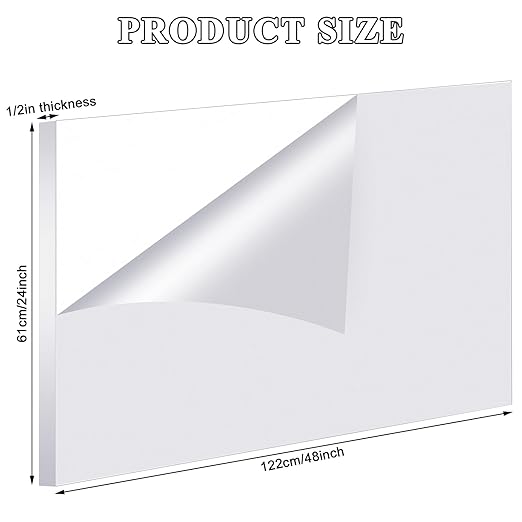 Roowest 1 Pcs 24 x 48 Inch, 1/2 Inch Thick Clear Acrylic Plexiglass Sheets Transparent Plastic Panels Sheets Cut to Size Cast Acrylic Board Panel with Protective Film for Craft DIY Project Sign Frame