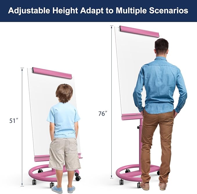 TSJ OFFICE Rolling Whiteboard Standing - 40 x 26 Inches Magnetic Mobile White Board with Stand, Height Adjustable Dry Erase Board on Wheels with Paper Clamp on Top, Violet