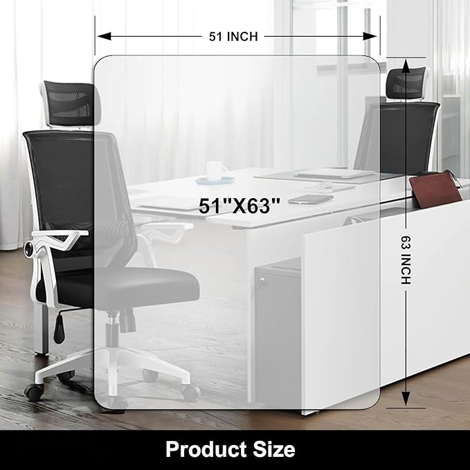 Kuyal Office Chair Mat for Hardwood Floor, 51'' x63'' Rectangle Transparent Desk Thick Durable Chair Mat for Rolling Chairs, Easy Glide, Floor-Protector
