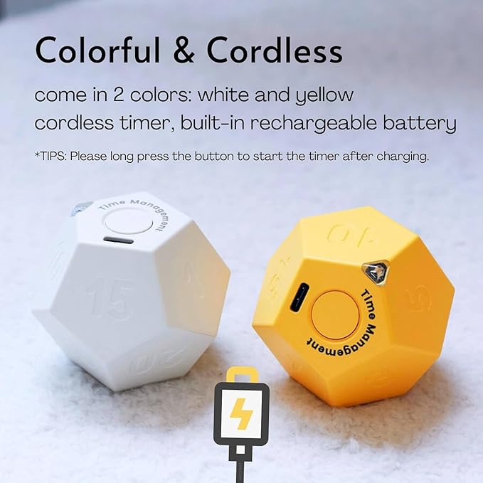 Mini 12 Sided Cube Timer, 11 Preset Times Pomodoro Timer for Enhanced Productivity. Ideal for ADHD Management, Workout, Study & Kitchen Cooking. Easy to Use (Yellow)