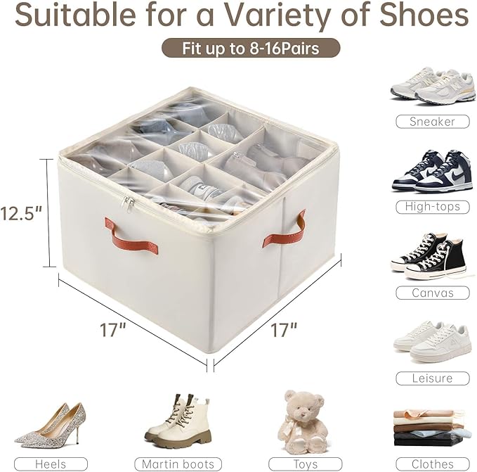 INSTY Shoe Organizer for Closet, 2 Pack Foldable Shoe Storage Containers, Fits up to 16-32 Pairs, Adjustable Dividers for Shoe Organizer, Fabric Shoe Storage Bins with Clear Cover, Beige