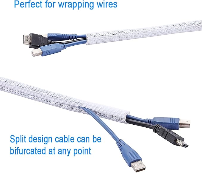 QCSIW 1/4" x50ft Split Sleeve Cable Organizer - Wire Protector Sleeving for Desk, PC, TV, Home Office | Cord Management Cover, Easy Install, White
