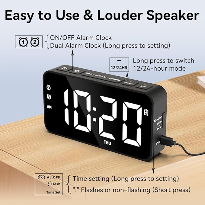 Small Digital Alarm Clocks with Rechargeable Backup Battery for Bedrooms Living Room Study Loud Bedside Desk Clock with Memory Function Dual Alarm & 3 Modes Weekends Weekdays Every Day for Kids Adults