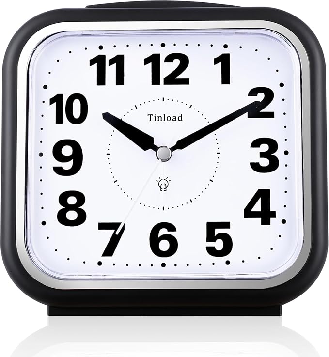 Tinload 5.5" Large No Ticking Analog Alarm Clock,Silent Readable for Seniors,Easy to Set,Gradual Rise Alarm,Big Numbers,Gentle Wake,Snooze, Lighted on Demand,Battery Operated,Black