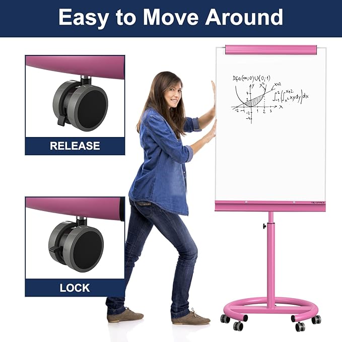 TSJ OFFICE Rolling Whiteboard Standing - 40 x 26 Inches Magnetic Mobile White Board with Stand, Height Adjustable Dry Erase Board on Wheels with Paper Clamp on Top, Violet
