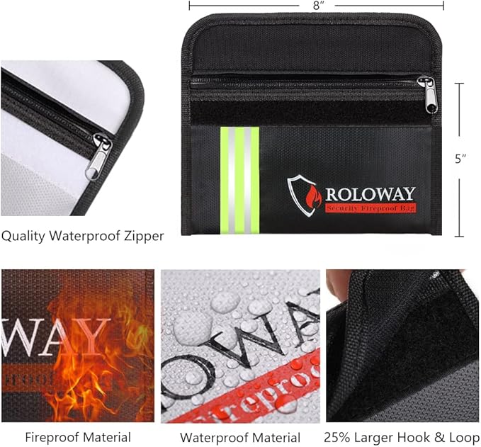 ROLOWAY Small Fireproof Bag (5 x 8 inches) with Reflective Strip, Fireproof Money Bag for Cash, Valuables, Passport, Currency & Keys (2-Pack)